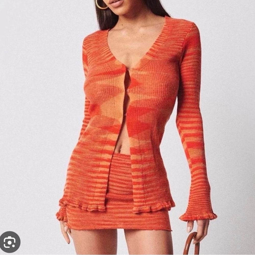 Orange Striped Knit Cardigan and Skirt Set
